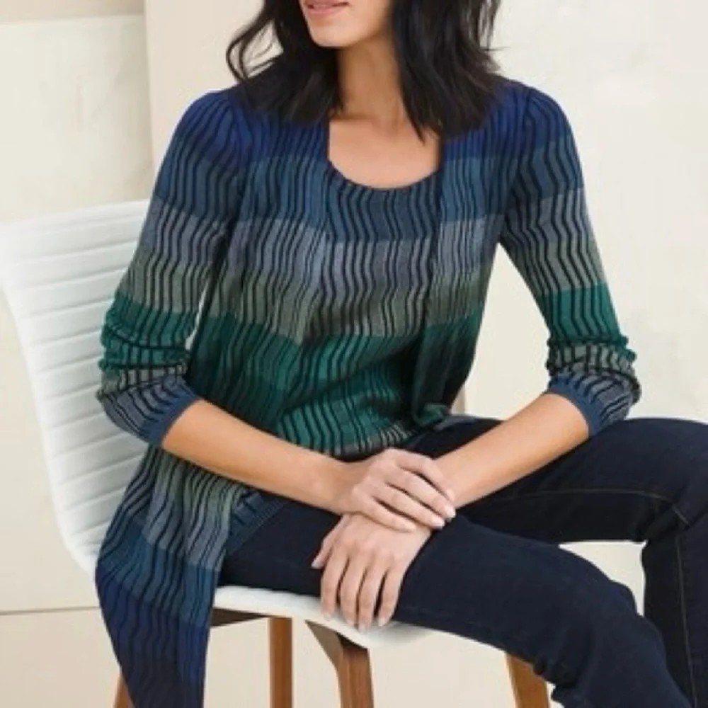 Chicos Blue Green Striped Open Front Cardigan Sweater Jacket Size 0